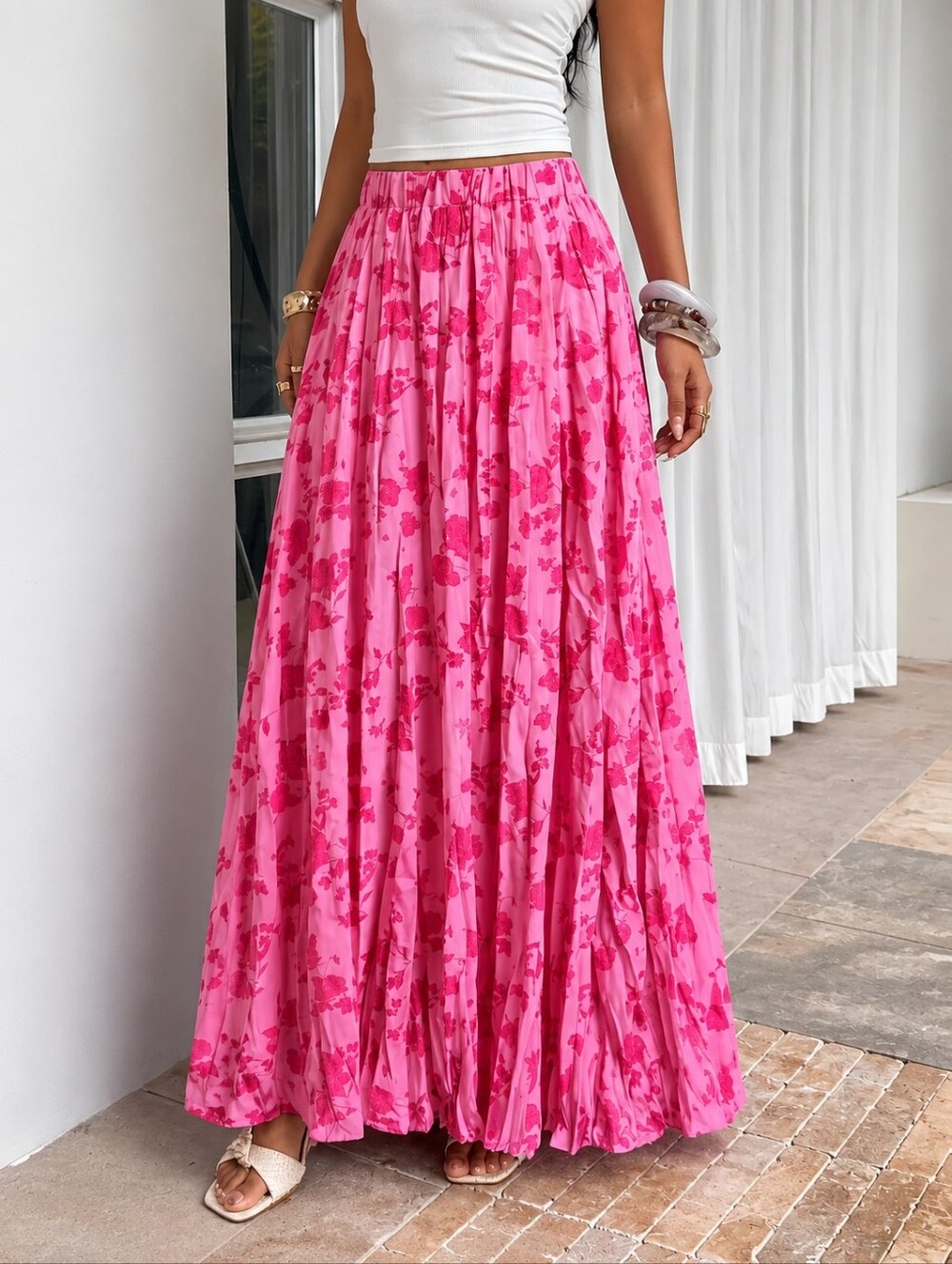 Pink Floral Maxi Skirt Women’s Size Large Boho Romantic Flowy Long Skirt #1